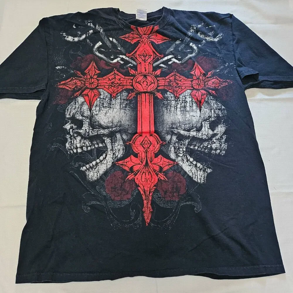 Extreme Couture Graphic Crew Neck T-Shirt Black Skull Cross Gothic Biker Mens XL
